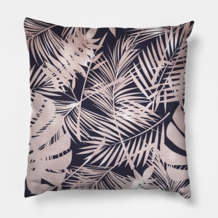 Navy Blue Pink Shimmer Palm Leaves Pillow