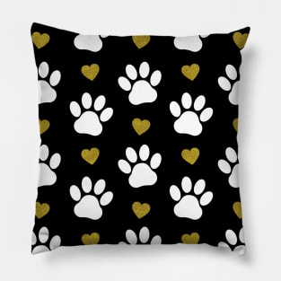 Pattern Of Paws, Dog Paws, White Paws, Gold Hearts Pillow