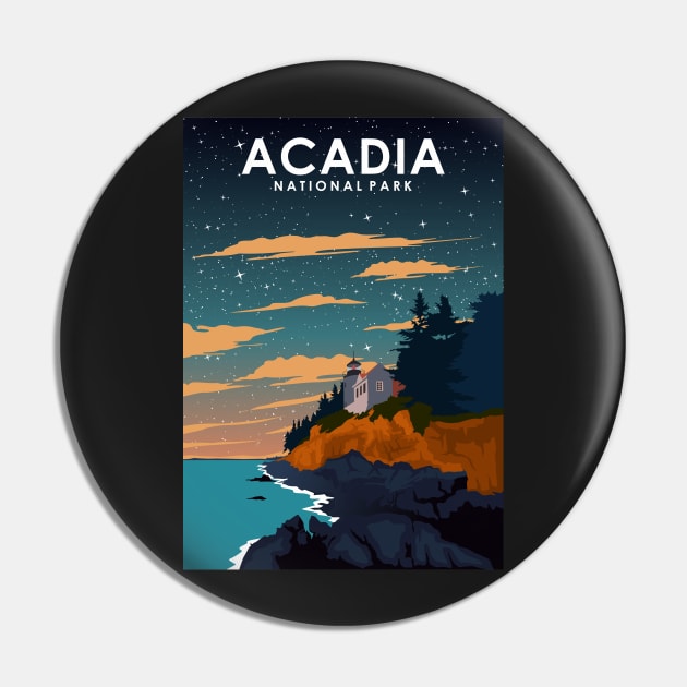 Acadia National Park at Night Vintage Minimal Retro Travel Poster Pin by jornvanhezik