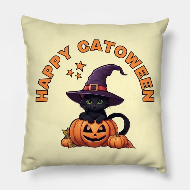 Happy Catoween Black Kitten Cat and Pumpkins Cheeky Witch® Pillow by Cheeky Witch