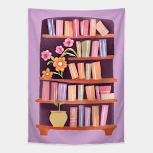 Cute Watercolor Bookshelf with Flowers and Books Tapestry