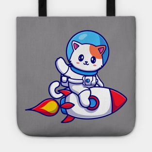 Cute Cat Astronaut Riding Rocket And Waving Hand Cartoon Tote