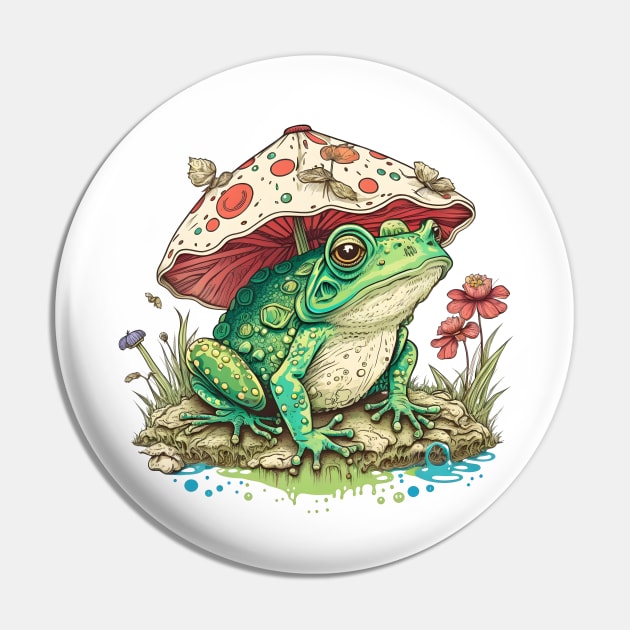 Cottagecore Aesthetic Frog under Mushroom Vintage Pin by Ai Wanderer