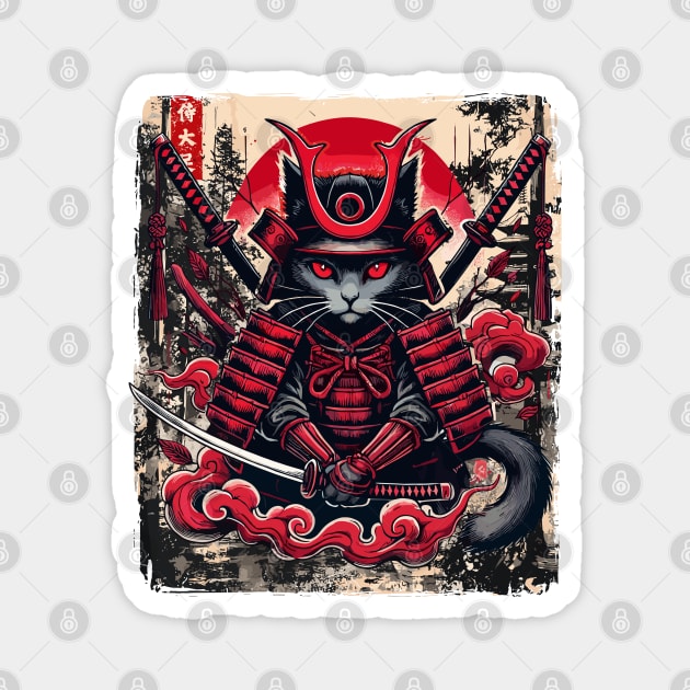 Vintage Samurai Cat Ukiyo E Graphic Japanese Anime Magnet by JessArty