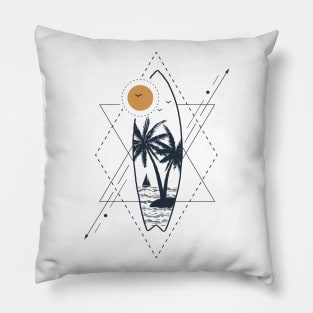 Island With Palms In Surfboard Shape. Geometric, Line Art Style Pillow