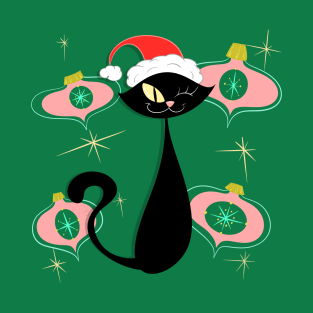 Black Cat with Pink Ornaments Christmas MCM Cartoony T-Shirt