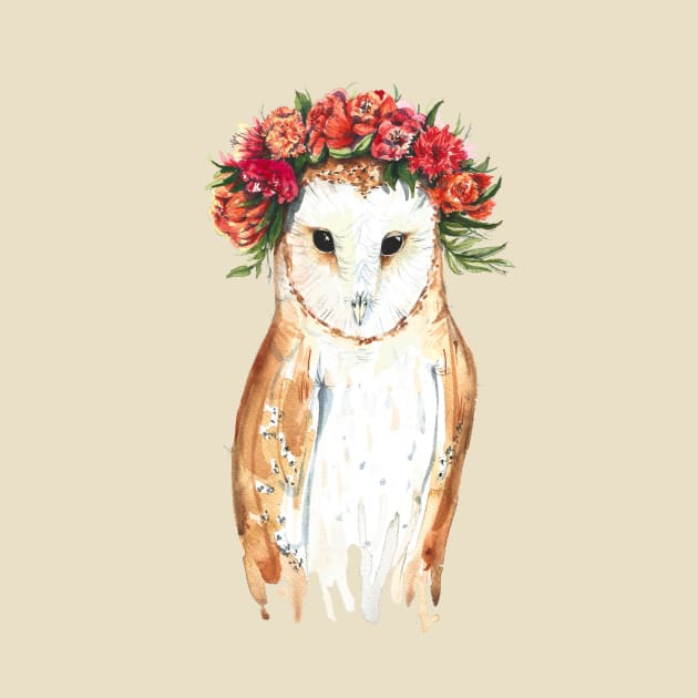 A watercolor barn owl bride in a wreath by MagdalenaIllustration