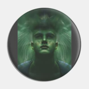 Portrait, digital collage, special processing. Dark, strong. Guy face looking up high. Fantasy. Aquamarine, energy flows. Pin