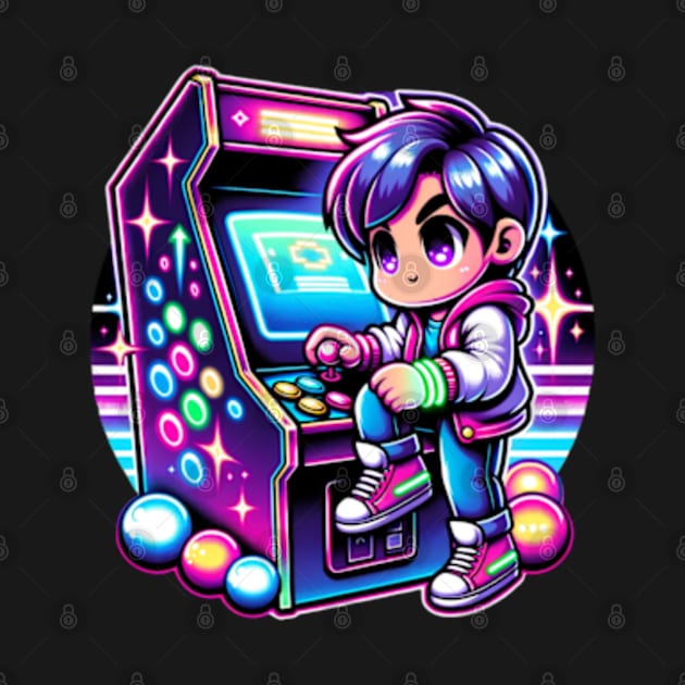 Chibi Boy Retro Neon 80s Video Gamer Cute by Lavender Celeste