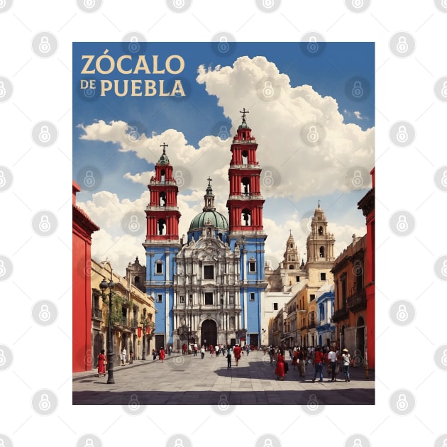 Zocalo de Puebla Mexico Vintage Poster Tourism by TravelersGems