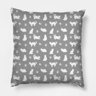 White Cats and Paw Prints on Grey Pillow