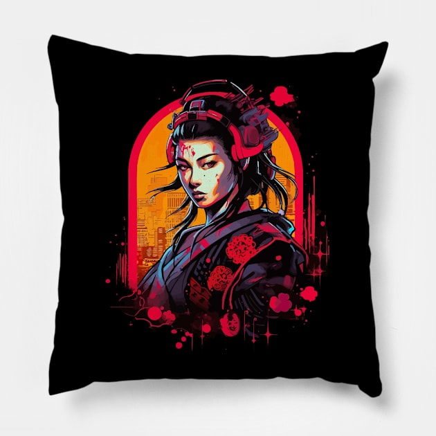 Female Cyberpunk Samurai Pillow by Virkalosa