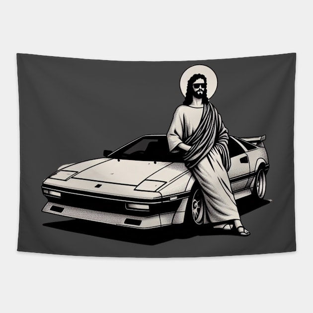 80s Super Car Jesus Minimalist Black Work Tapestry by BlackWork