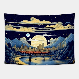 Full Blue Moon Over Portland Oregon on a Dark Background Tapestry
