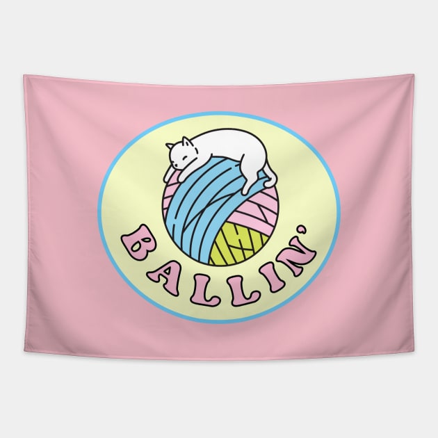 Cute White Kitty Cat Sleeping on A Yarn Ball - Pastel Colors Tapestry by Flourescent Flamingo