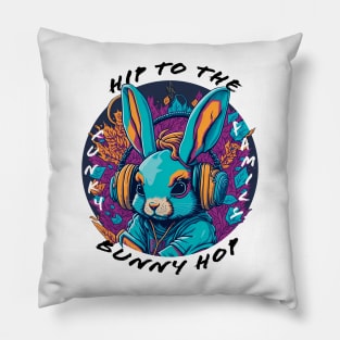 Bunny Wearing Headphones - black font Pillow