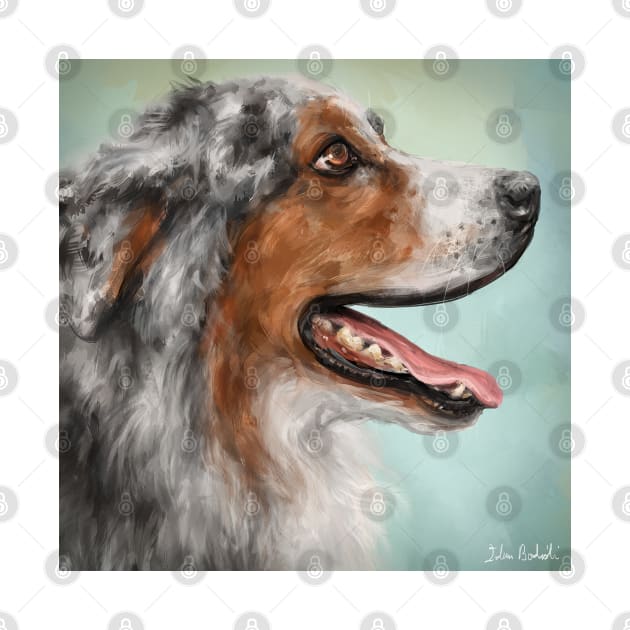 Painting of a Gorgeous Enthusiastic Australian Shepherd with Open Mouth from the Side. by ibadishi