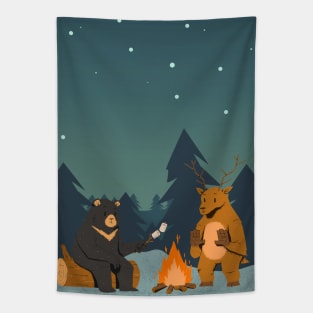 Bear and Deer by a Bonfire: Animal Campers Tapestry