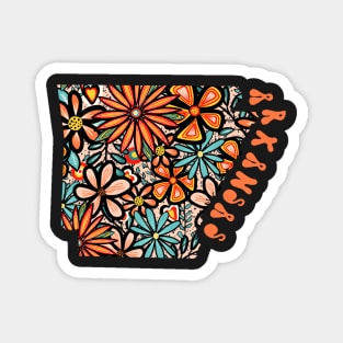 Arkansas State Design | Artist Designed Illustration Featuring Arkansas State Outline Filled With Retro Flowers with Retro Hand-Lettering Magnet