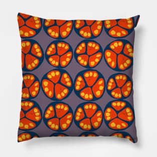 Fruit slices. Blue and orange tropical fruits with yellow seeds on a purple background. Pillow