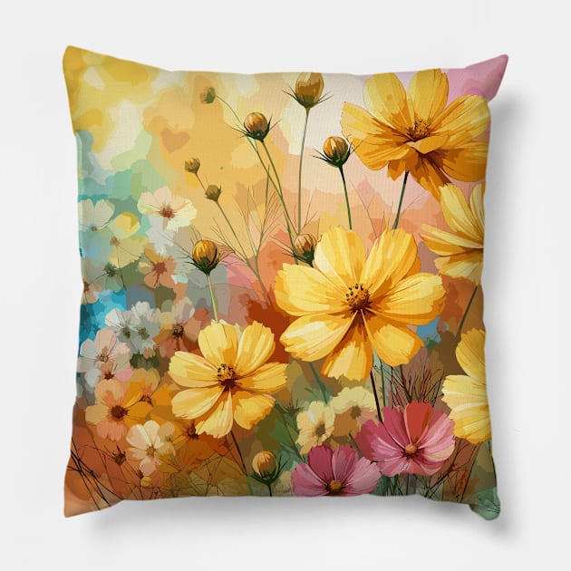 Yellow Cosmos Flower Pillow by Jenni Arts