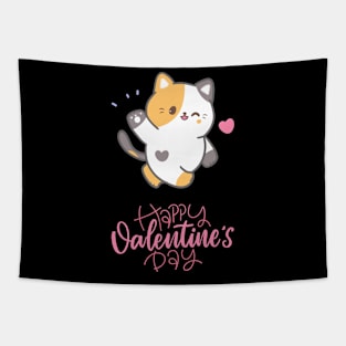 Pink White Yellow Colorful Illustrated Cute Cat Valentine's Day Tapestry