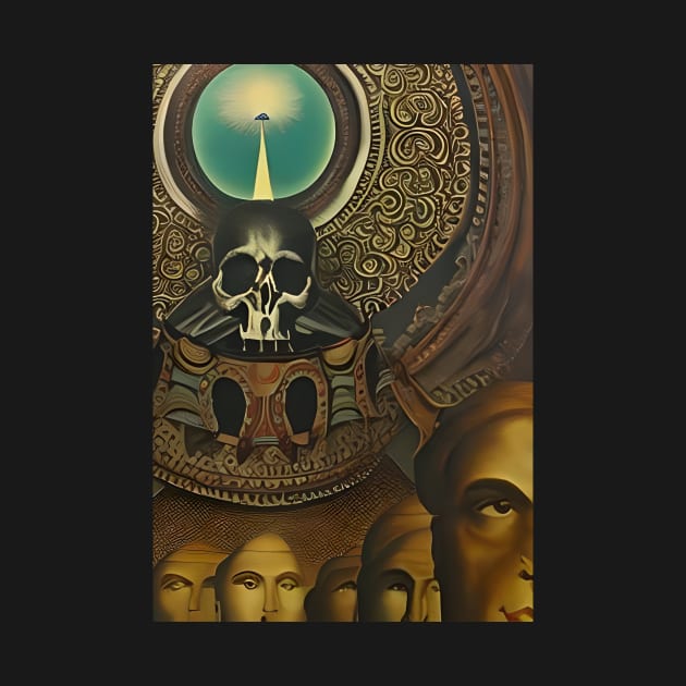 Surrealist painting like digital art of a Skull receiving light and a line of humans by hclara23