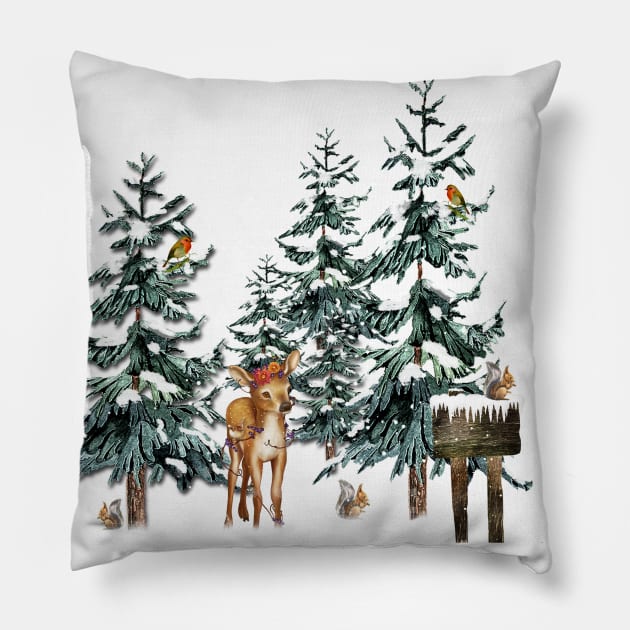 Winter Forest Deer Squirrels Pillow by tfortwo