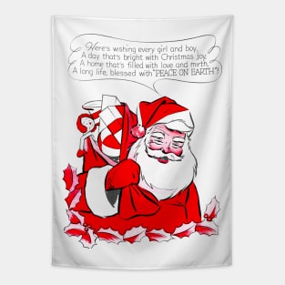 Santa Claus wishing Merry Christmas and peace in the world Retro Vintage Comic Tapestry