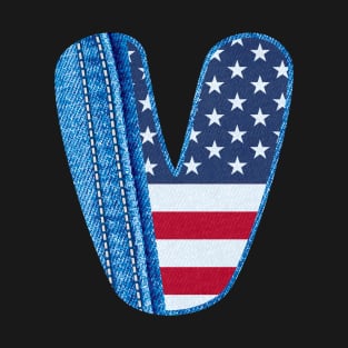 The letter V with texture of blue denim fabric and USA flag - Monogram V and jean fabric and American flag- Denim fabric english alphabet A to Z T-Shirt