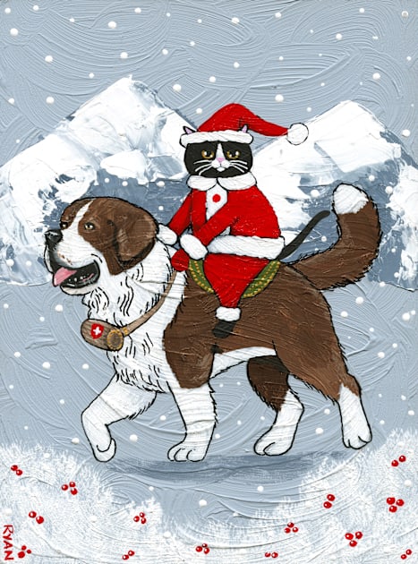 Christmas Cat Saint Bernard Ride Kids T-Shirt by KilkennyCat Art