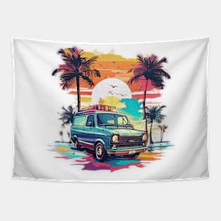 Van with palm trees on the beach Tapestry