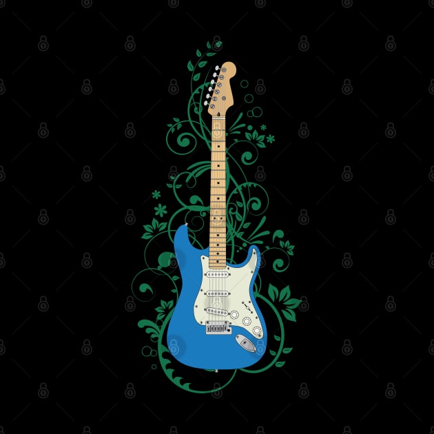 Blue S-Style Electric Guitar Flowering Vines by nightsworthy