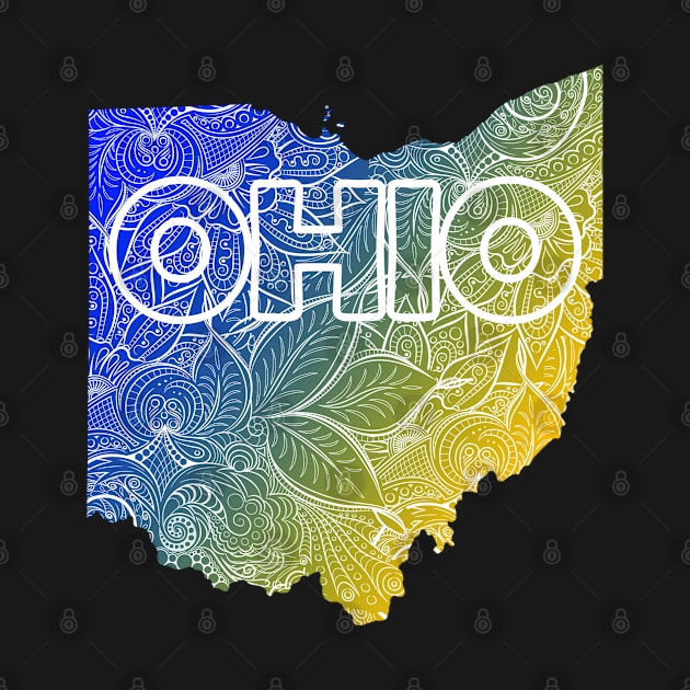 Colorful mandala art map of Ohio with text in blue and yellow by Happy Citizen