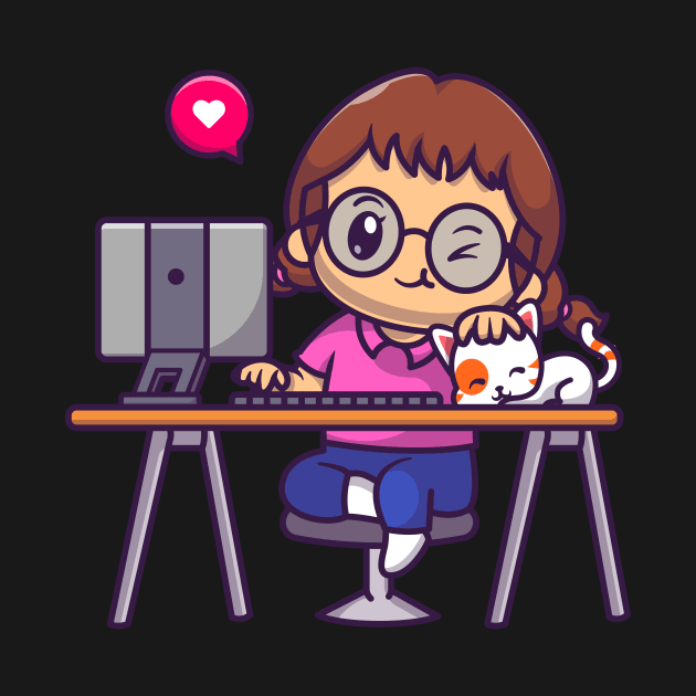 Cute Girl Working On Computer With Cat Cartoon by Catalyst Labs