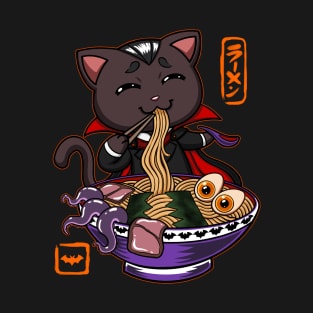 Halloween Kawaii chibi Ramen Dracula vampire Black cat monster design T-Shirt