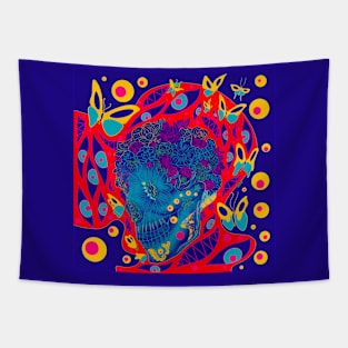 the blue skull in crystal deadly floral art ecopop mandala in underworld craft Tapestry