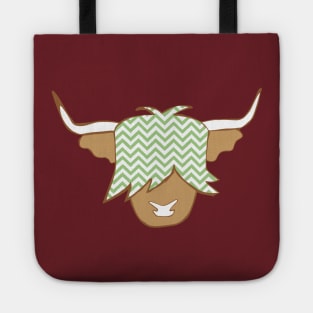 Highland cow with green and white geometric pattern Tote