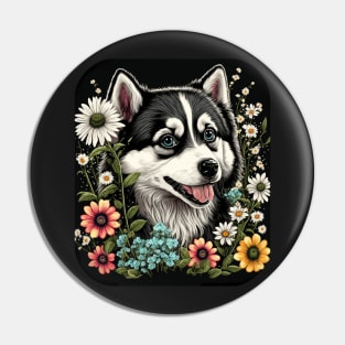 Alaskan Malamute Dog and Flowers Pin