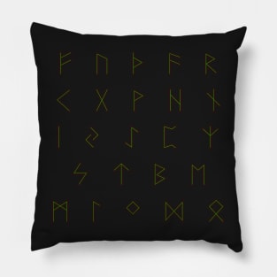 Futhark Rune Alphabet Stickers in Burnt Wood and Green Sap Pillow