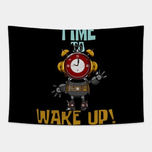 Time To Wake Up, Funny Surreal Steampunk Alarm Clock Robot Tapestry