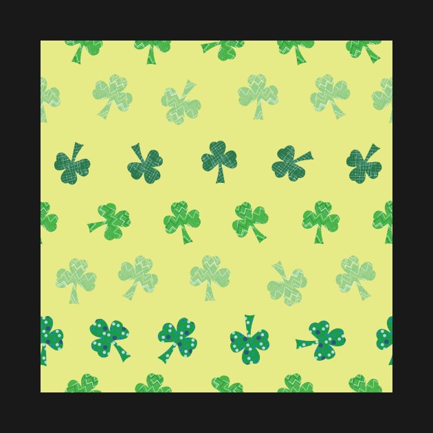 Rows of pattern filled Shamrocks, Saint Patricks Day on yellow by MegMarchiando