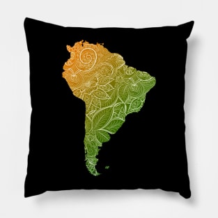 Colorful mandala art map of South America with text in green and orange Pillow