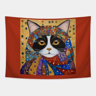 Gustav Klimt Tuxedo Cat with Colorful Scarf Tapestry