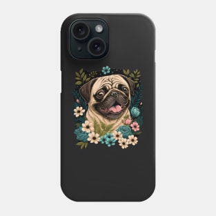 Happy Pug and Flowers Dog Illustration Phone Case