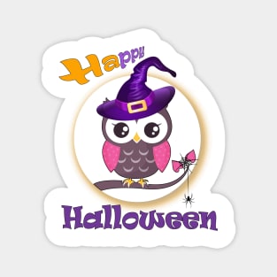 Who is ready to scare? Funny baby owl with a witch hat and a web of two hearts with a ghostly spider - Happy Halloween Magnet