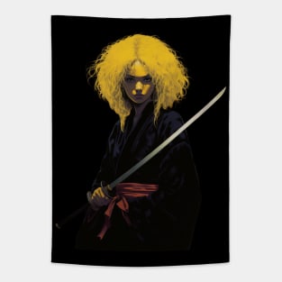 Ninja Queen: Retro Anime Warrior in Black & Yellow Tapestry