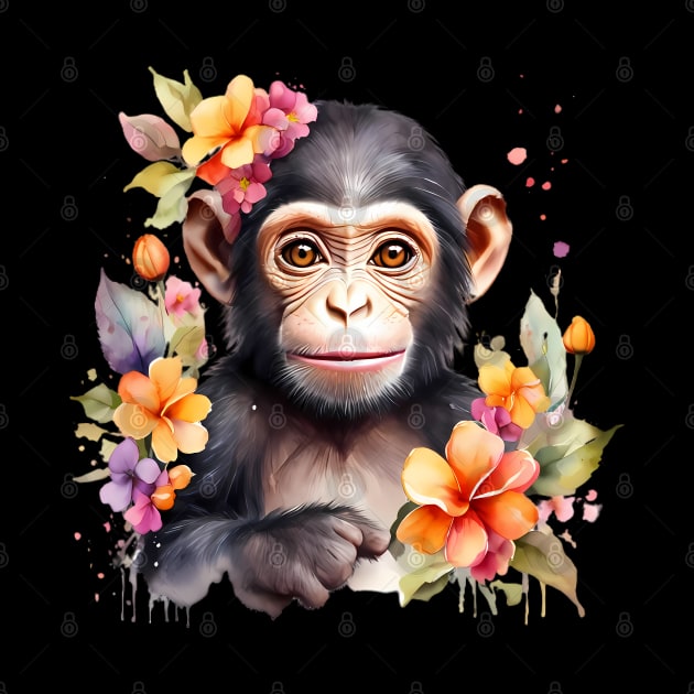 A baby chimpanzee decorated with beautiful watercolor flowers by CreativeSparkzz