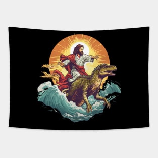 Jesus Riding out of the Surf on a Raptor Tapestry