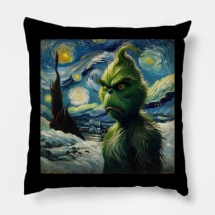 Whimsical Night: Mischievous Green Character - Starry Night Inspired Holiday Art Pillow